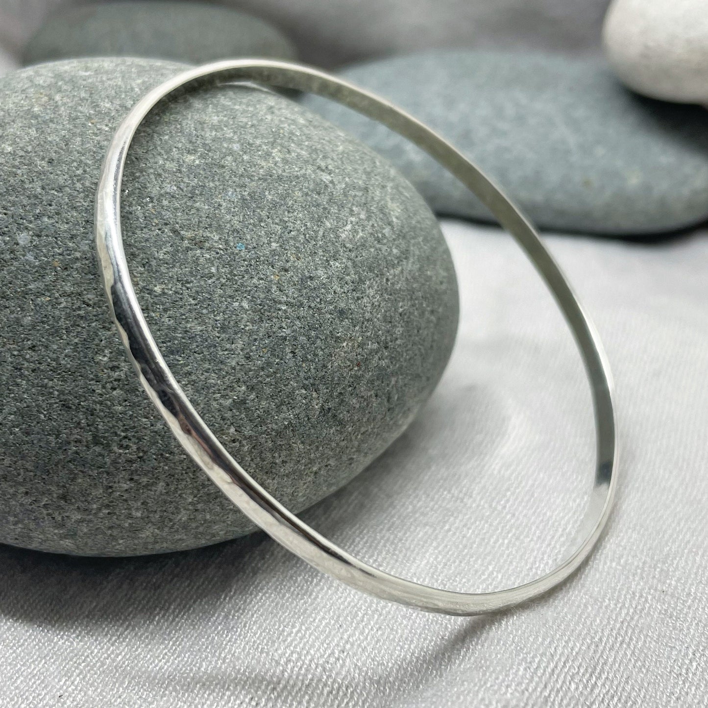 Sterling Silver Hammered Bracelet - D Shaped Round Bangle