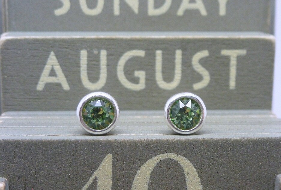 Silver Birthstone Ear Studs - August Peridot Green Swarovski Crystal Earrings