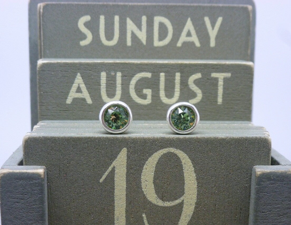 Silver Birthstone Ear Studs - August Peridot Green Swarovski Crystal Earrings