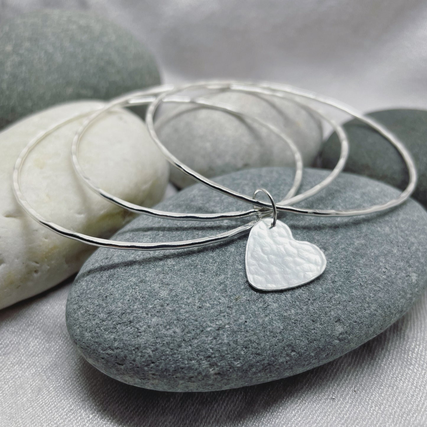 Silver Heart Charm Bangles Set