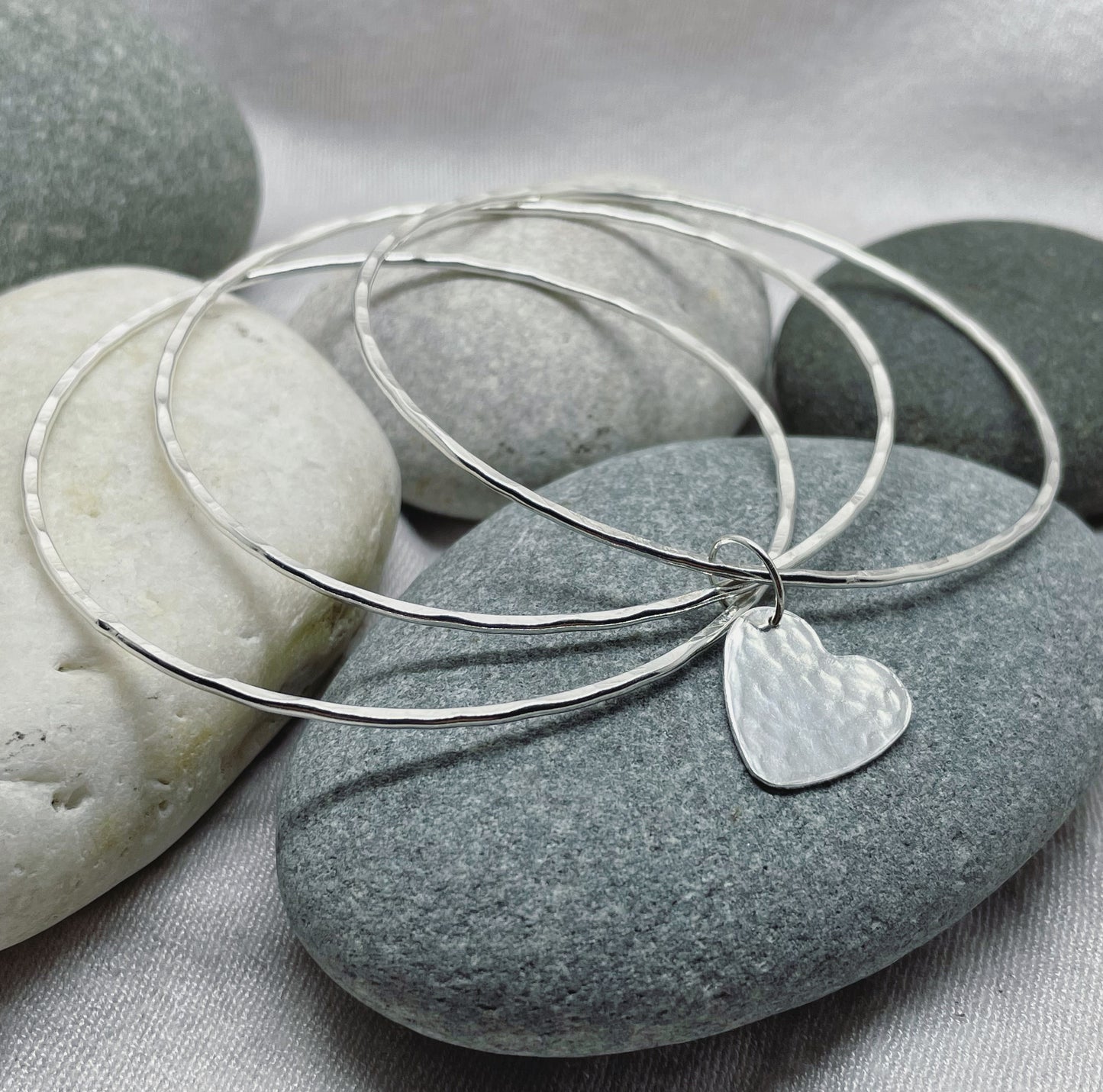 Silver Heart Charm Bangles Set