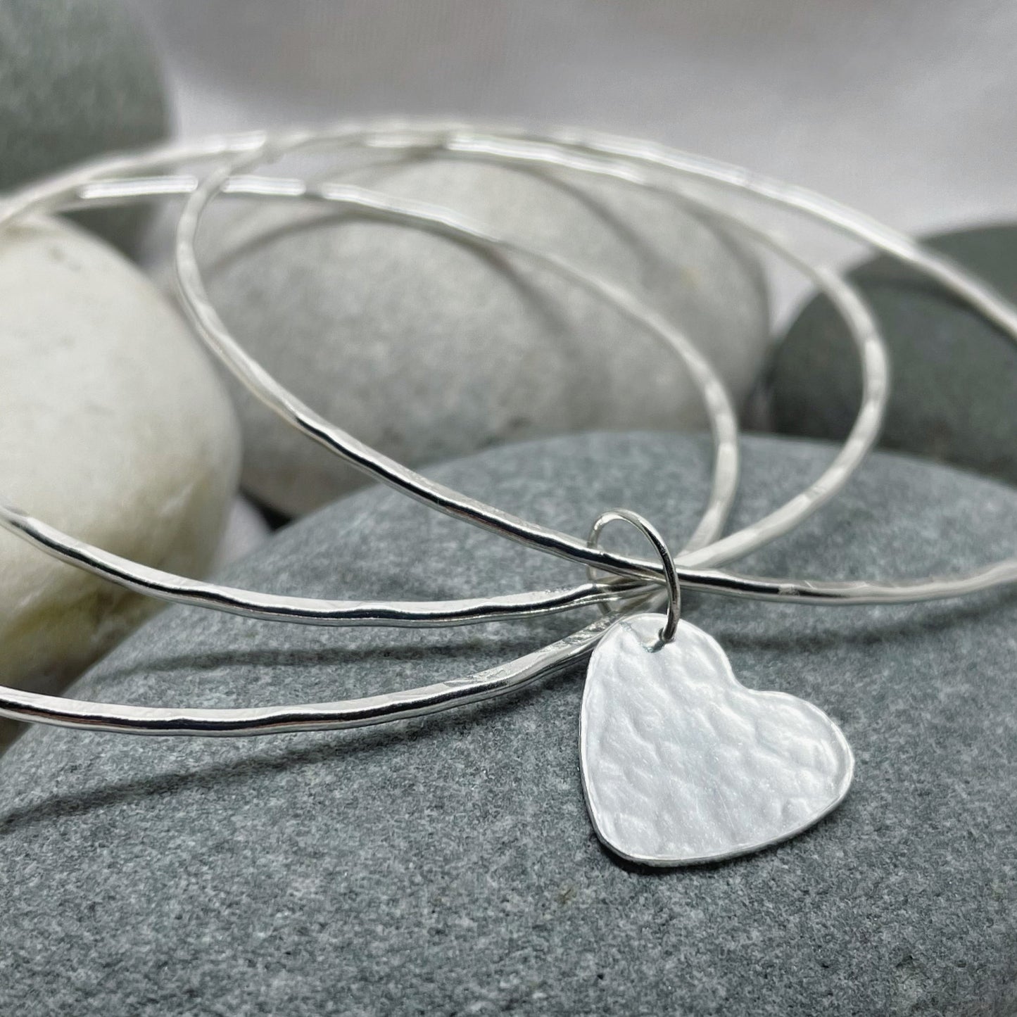 Silver Heart Charm Bangles Set