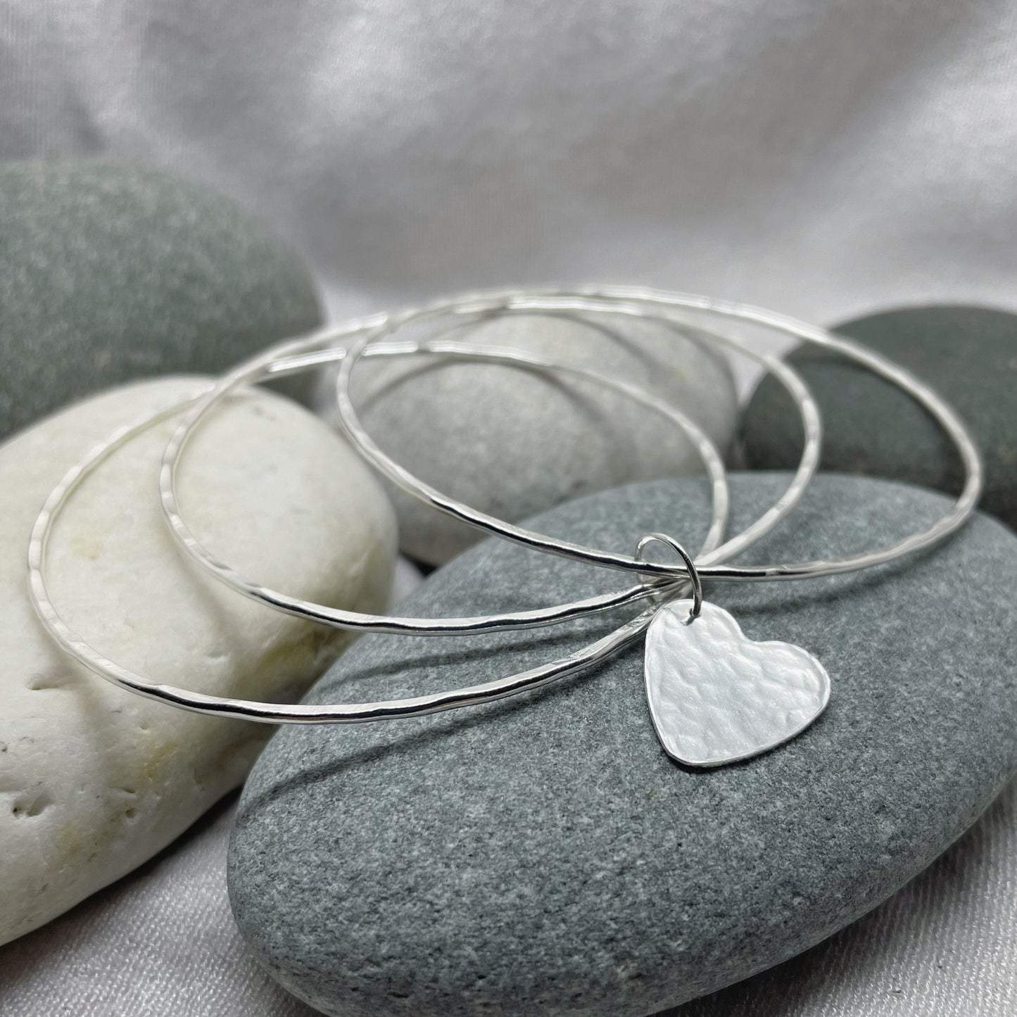 Silver Heart Charm Bangles Set